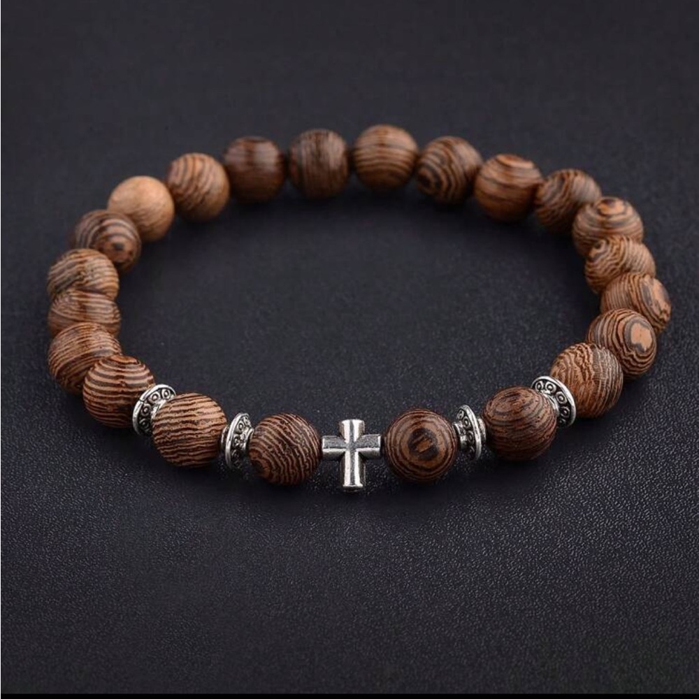 Wood Bead Cross Stretch Bracelet - Brown